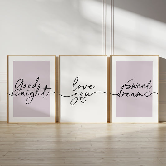 lilac bedroom wall decor, 3 posters