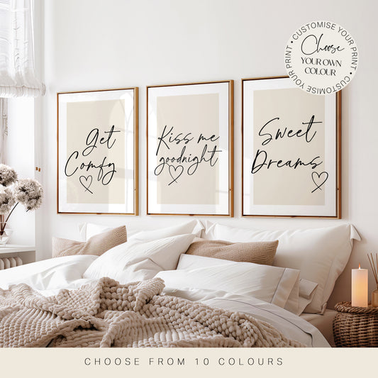 Set of 3 neutral bedroom prints with bedtime quotes, get comfy, sweet dreams and kiss me goodnight