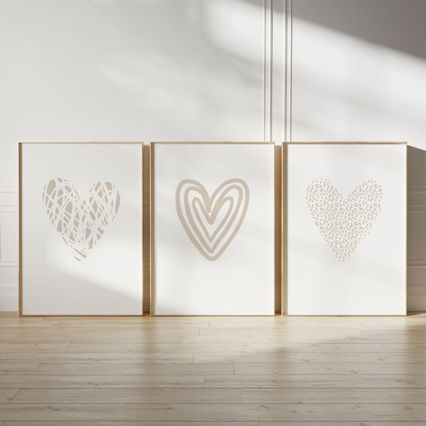neutral love heart prints, beige love hearts on white backgrounds, set of 3 prints