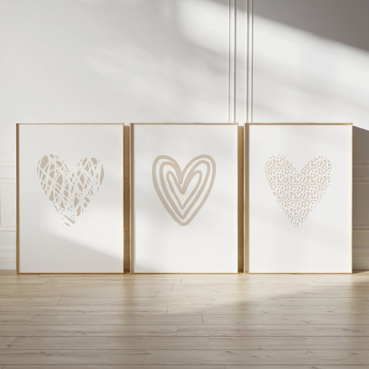 neutral love heart prints, beige love hearts on white backgrounds, set of 3 prints