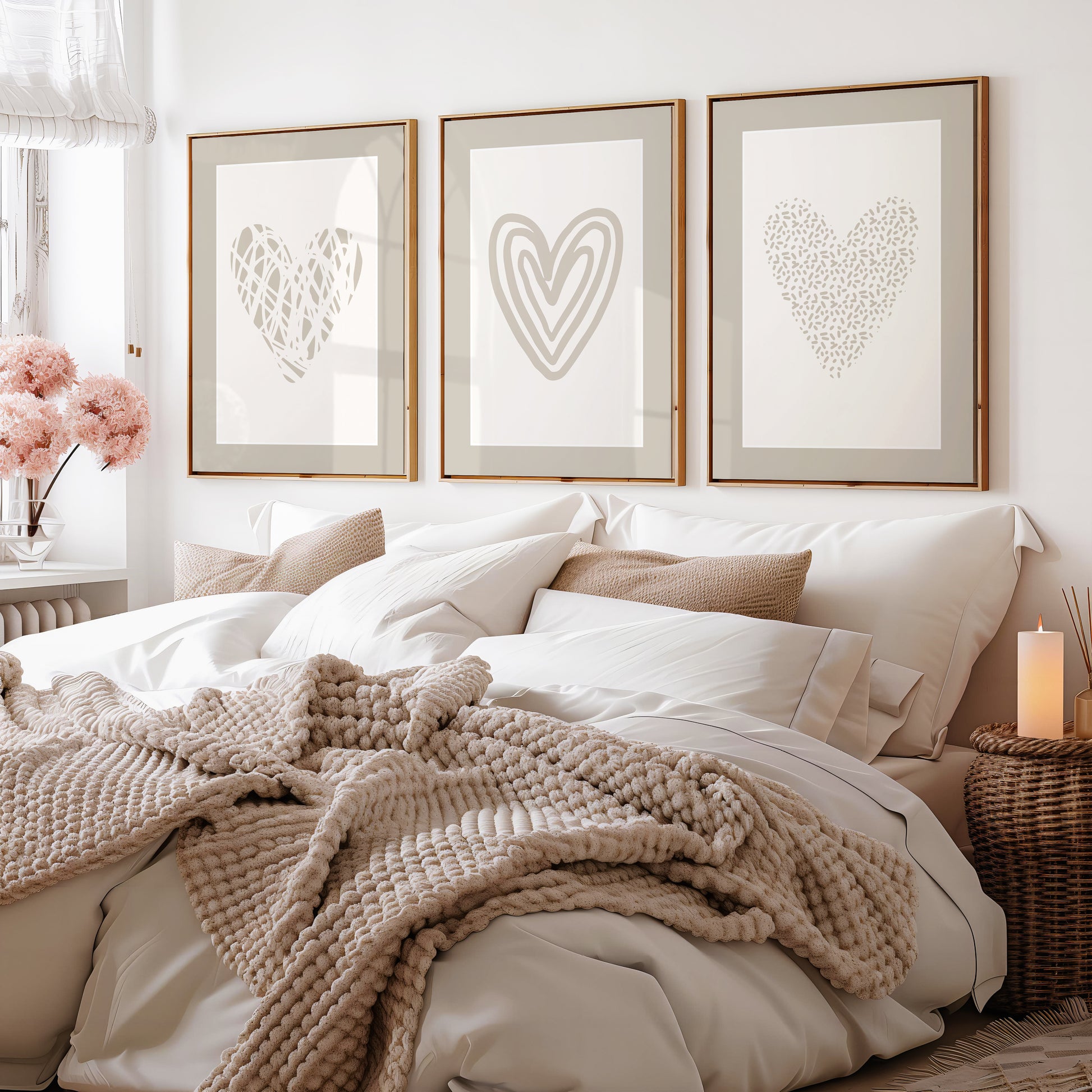 neutral above bed wall art set in beige and off white