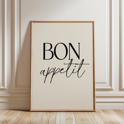 neutral kitchen decor, bon appetit print