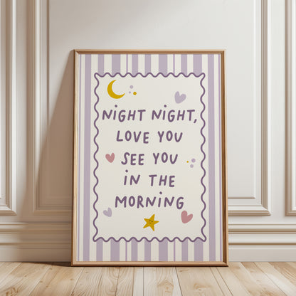 night night love you print for girls in lilac colour