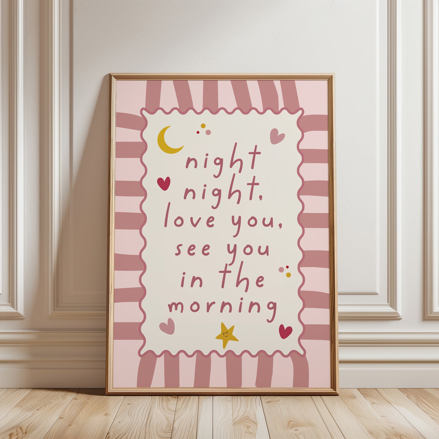 Bedtime quote print for nursery reading "night night love you see you in the morning" with love heart, stars and moon illustrations