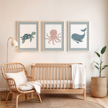 Nursery wall art set with sea creatures, turtle, octopus and whale