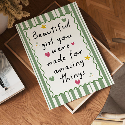 Girls Quote Wall Art Print, Beautiful Girl, Green