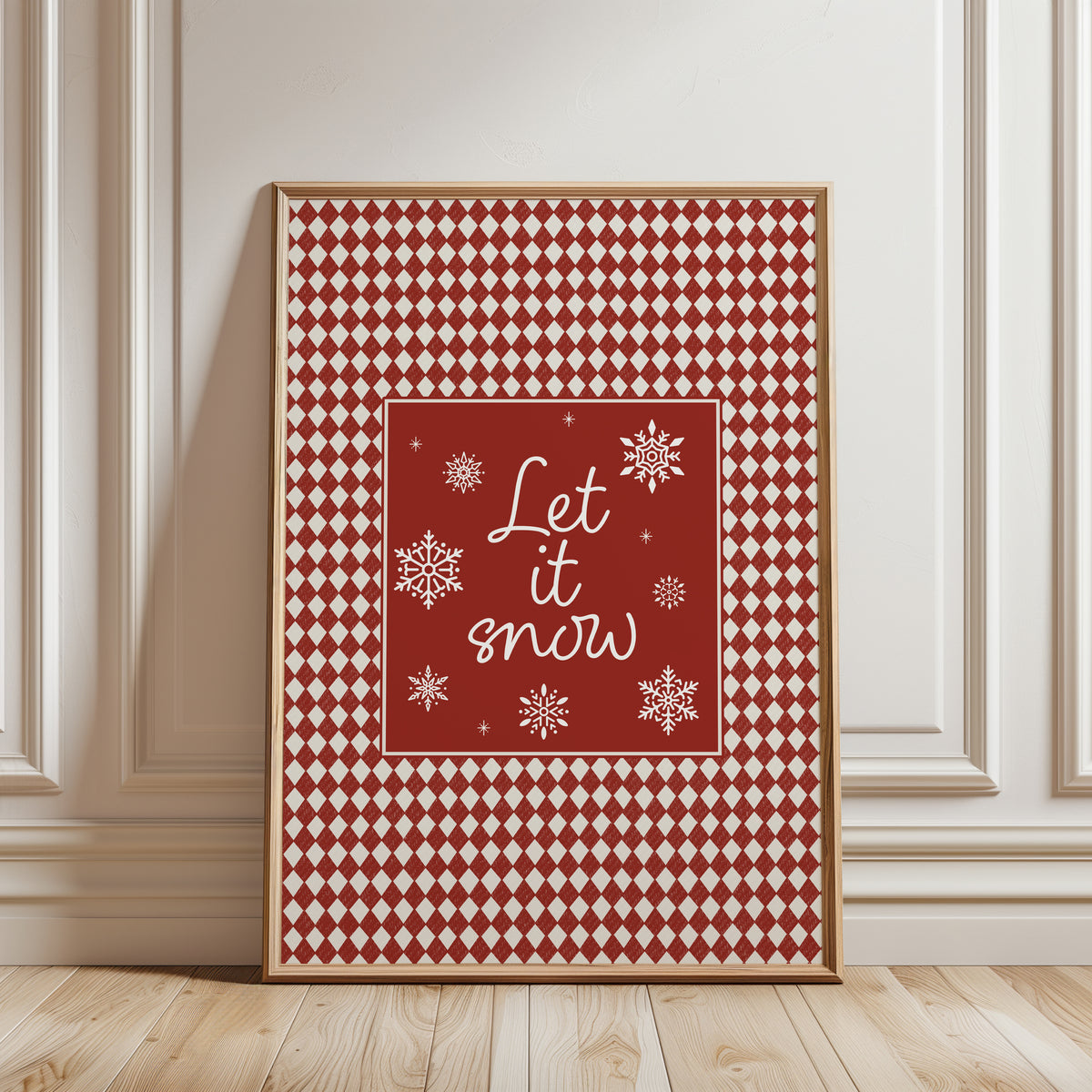 Red christmas print with quote "let it now" and snowflakes