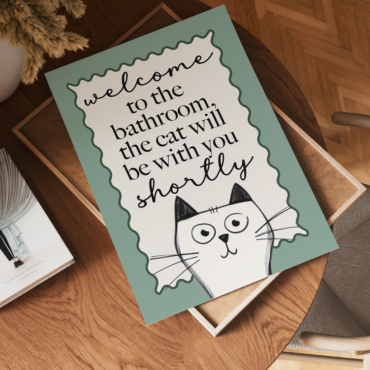 Sage Green Bathroom Print, Funny Cat Print