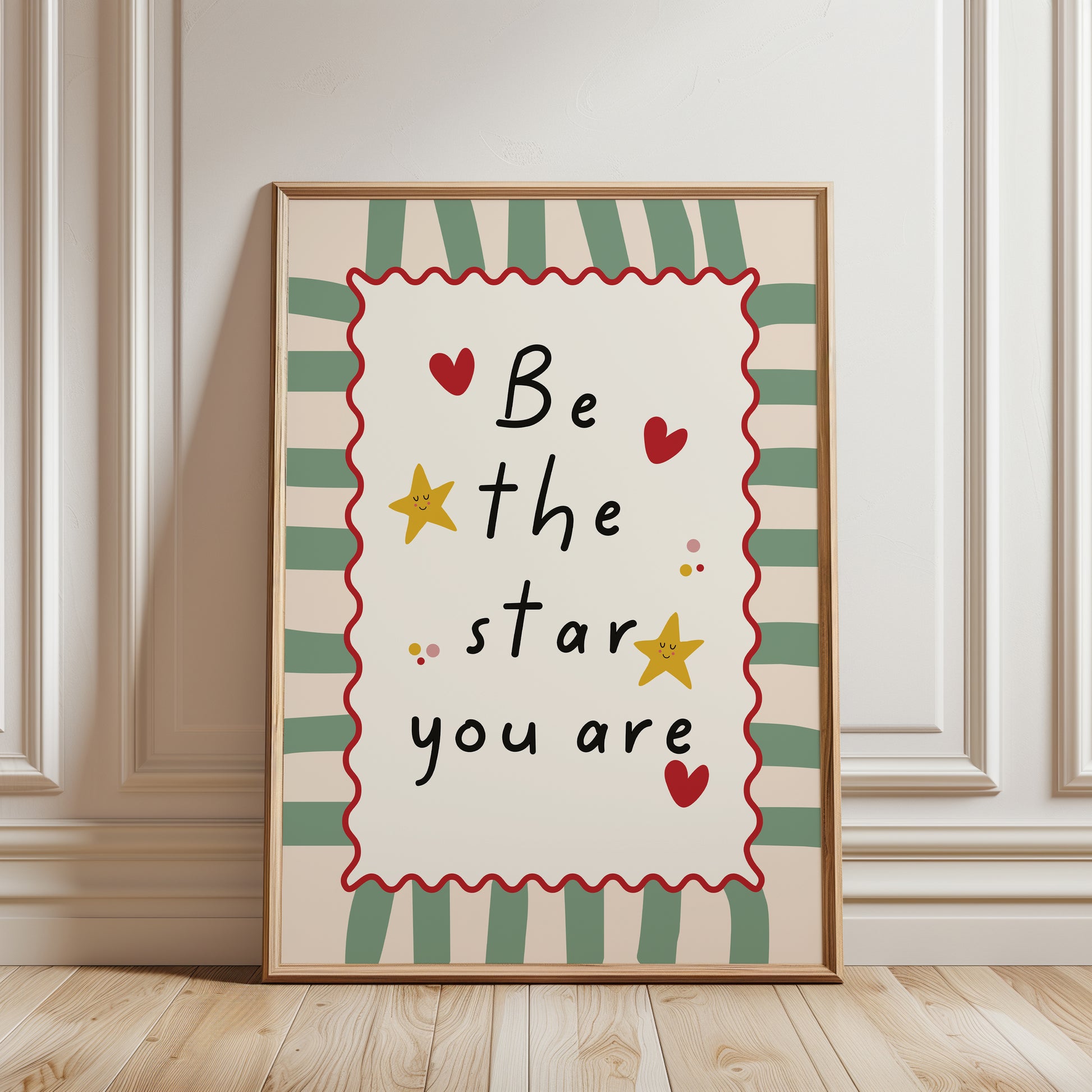 Nursery print, with inspirational quote "be the star you are", playful nursery decor in sage green