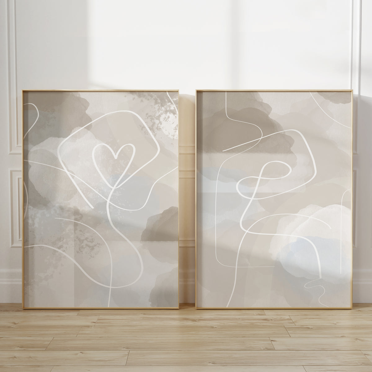 watercolour bedroom prints with love heart and line art, in beige and taupe