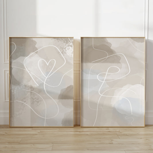 watercolour bedroom prints with love heart and line art, in beige and taupe