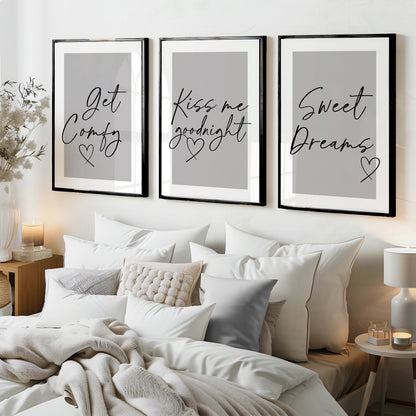 Set of 3 Bedroom Prints, Get Comfy, Sweet Dreams, Grey