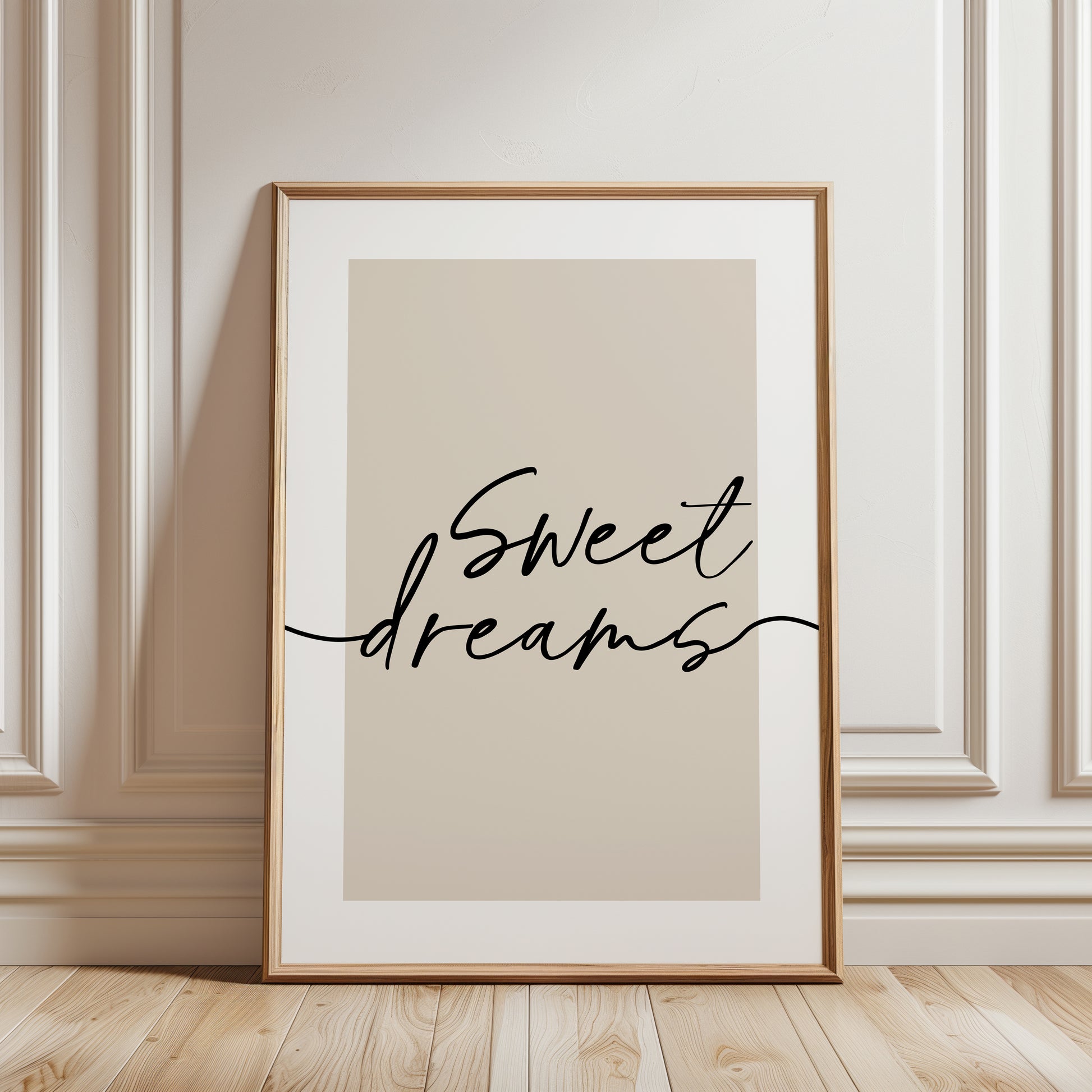 typographic wall art print. The print features the words 'sweet dreamst' in black cursive script over a warm beige background with white border