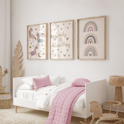unicorn wall art for girls bedroom, magical wall art and personalised, fade resistant prints