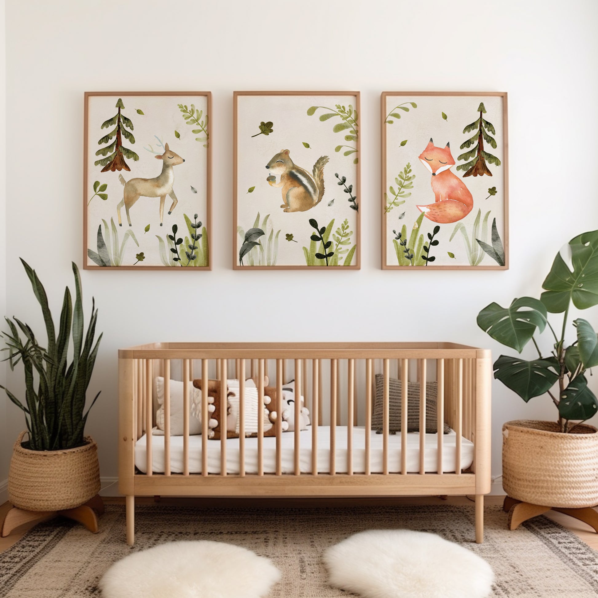Three unframed woodland animal art prints. The prints show a deer, a squirrel, and a fox with trees and foliage in soft earthy colors.