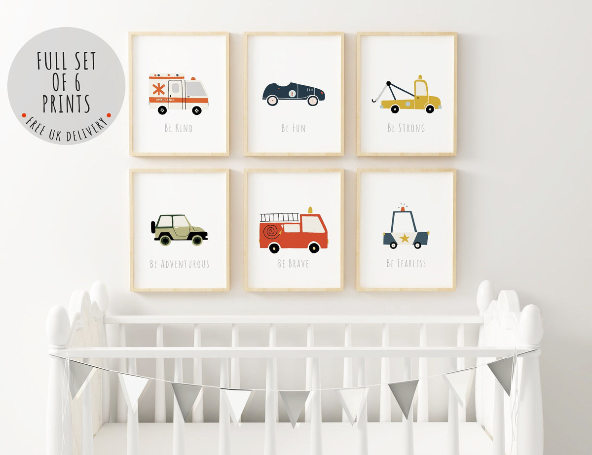 set of 6 boys transport prints