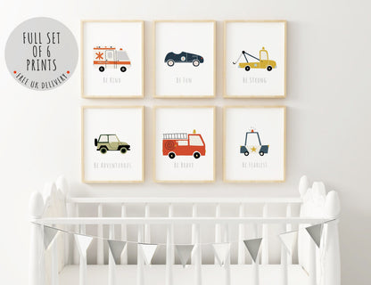 set of 6 boys transport prints
