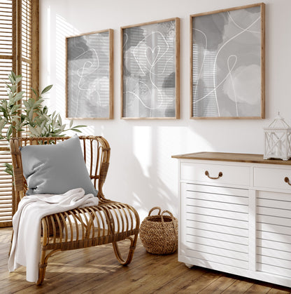 Grey abstract art print set with line art and love heart in watercolour shades