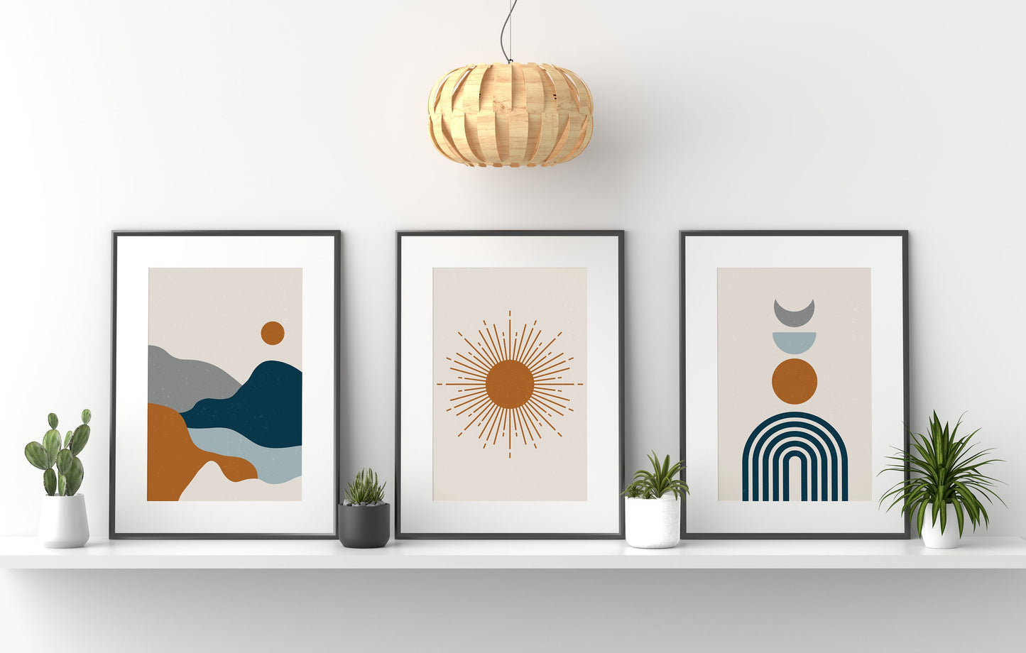 Set of 3 Rust Orange & Blue Prints