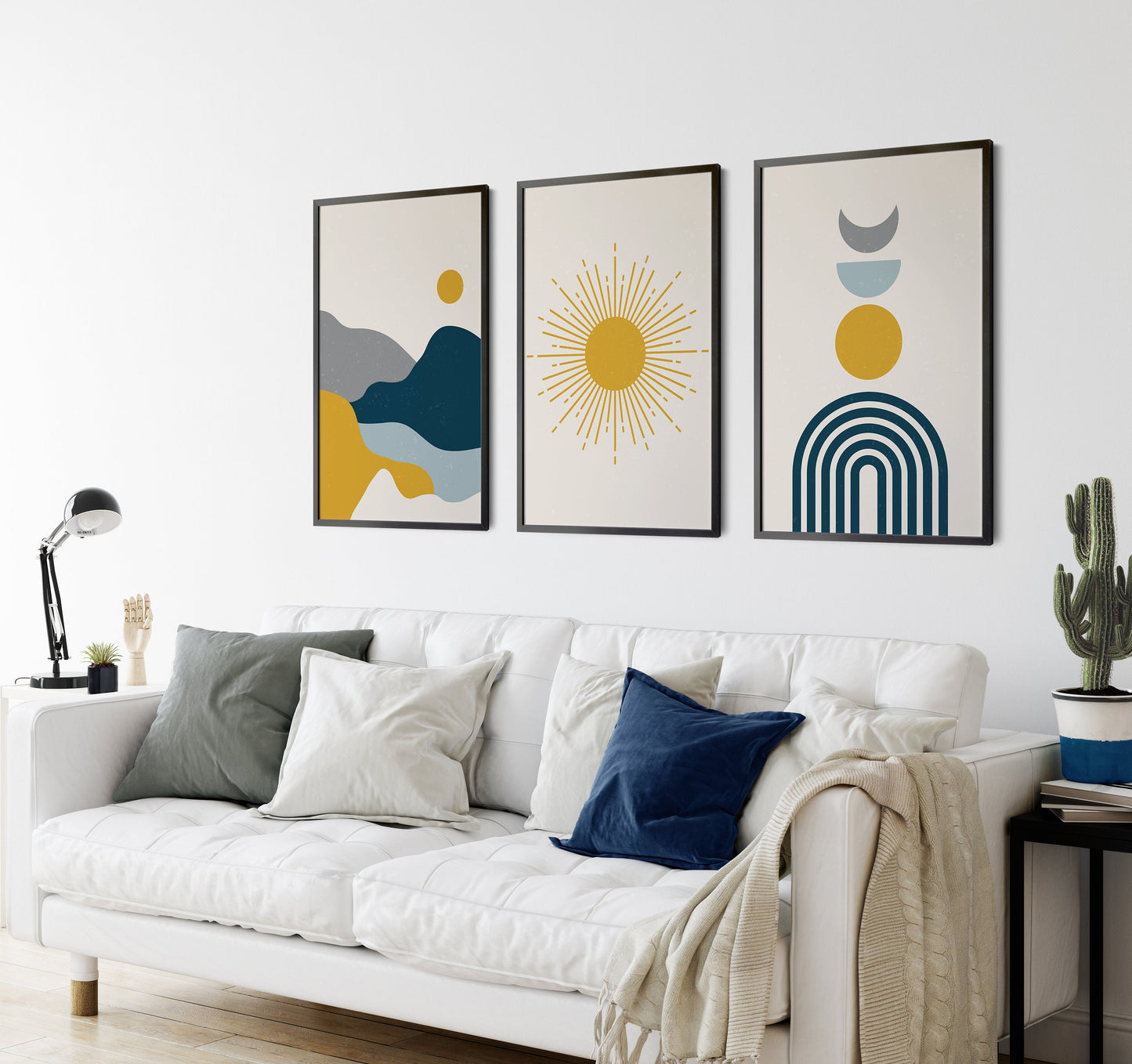 Set of 3 Blue & Mustard Boho Wall Prints