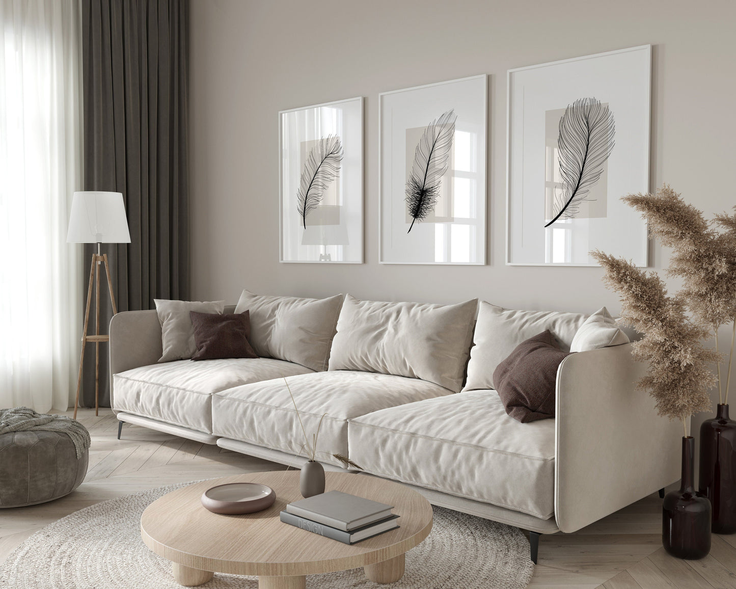 Set of 3 Neutral Feather Wall Prints