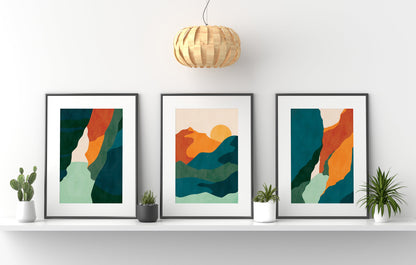 Set of 3 Teal Blue Boho Landscape Wall Prints