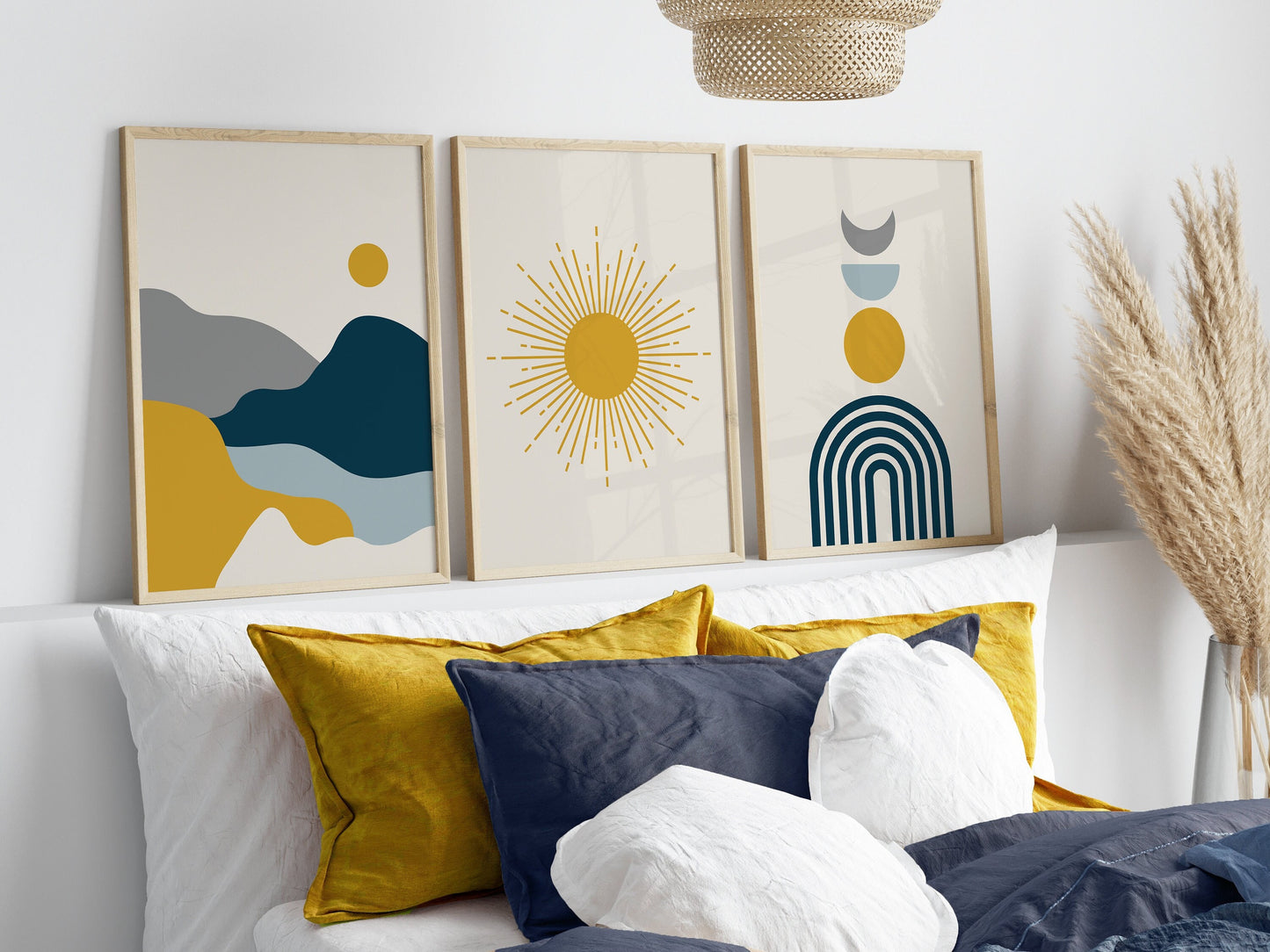Set of 3 Blue & Mustard Boho Wall Prints