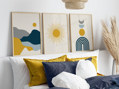 Set of 3 Blue & Mustard Boho Wall Prints