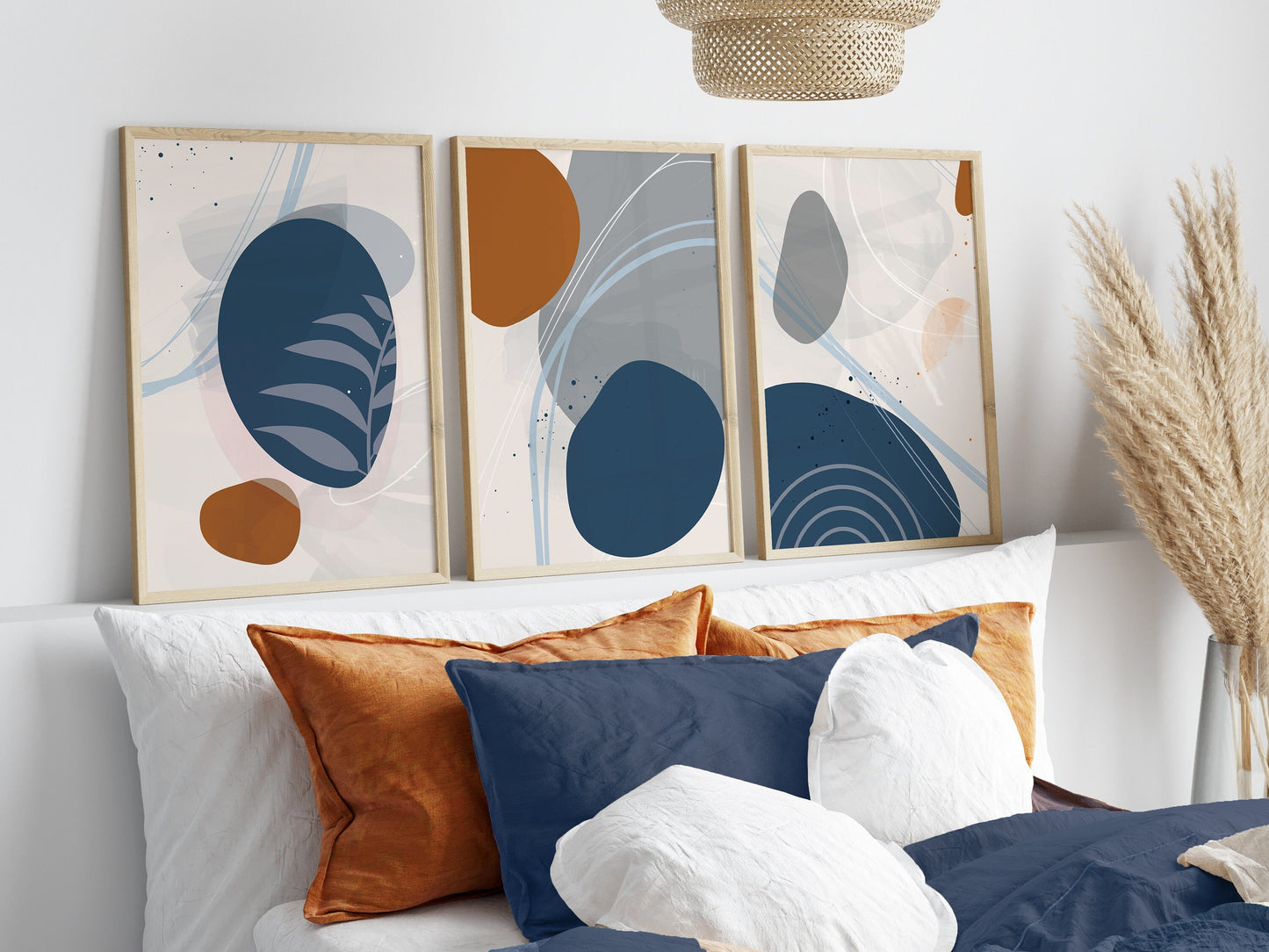 Set of 3 Rust, Orange & Blue Abstract Wall Prints