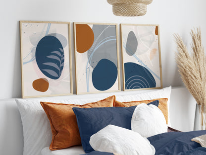 Set of 3 Rust, Orange & Blue Abstract Wall Prints