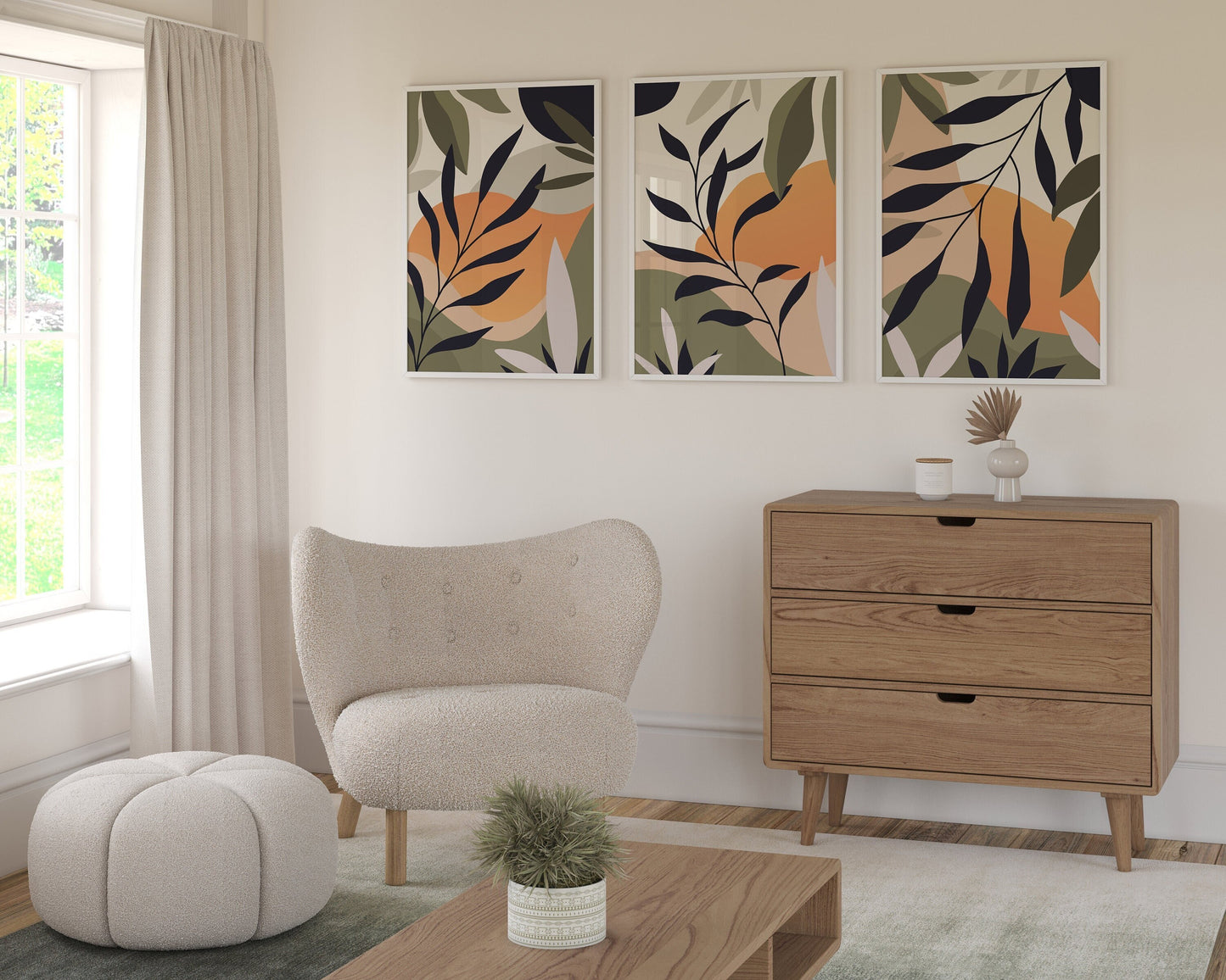Set of 3 Green & Orange Botanical Wall Prints