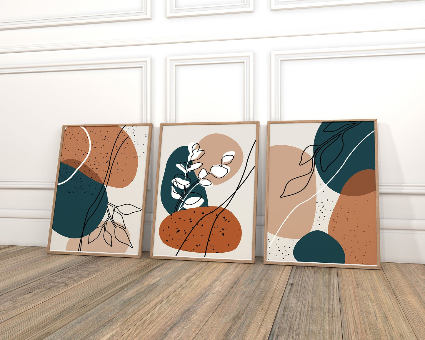 Set of 3 Burnt Orange & Blue Boho Abstract Prints