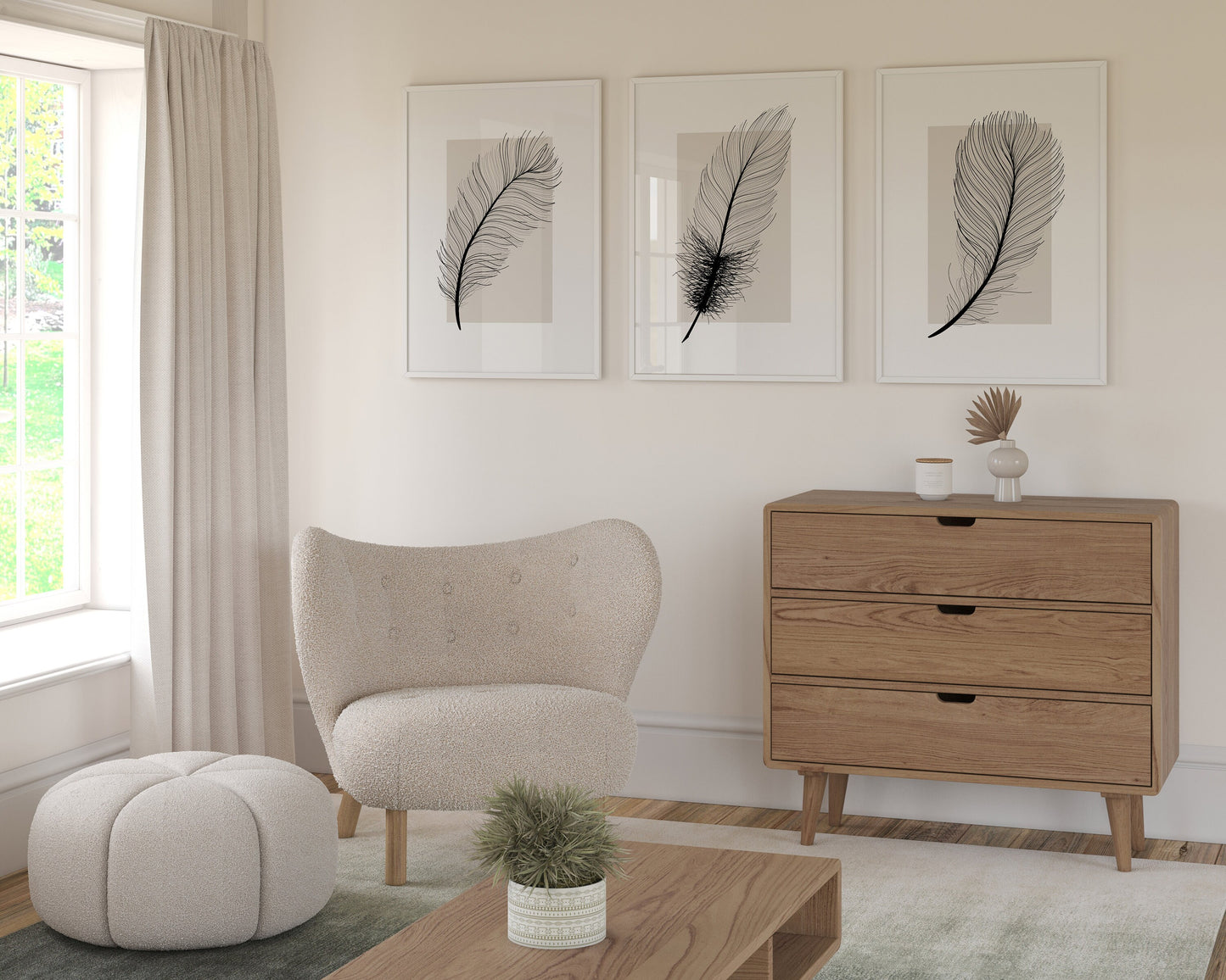 Set of 3 Neutral Feather Wall Prints
