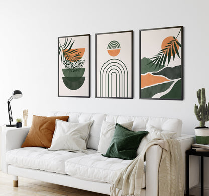 Set of 3 Green & Orange Boho Wall Art Prints
