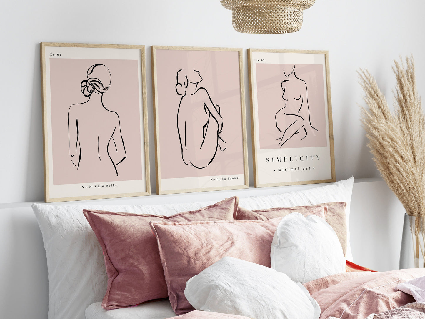 Set of 3 Pink Women Abstract Wall Art Prints