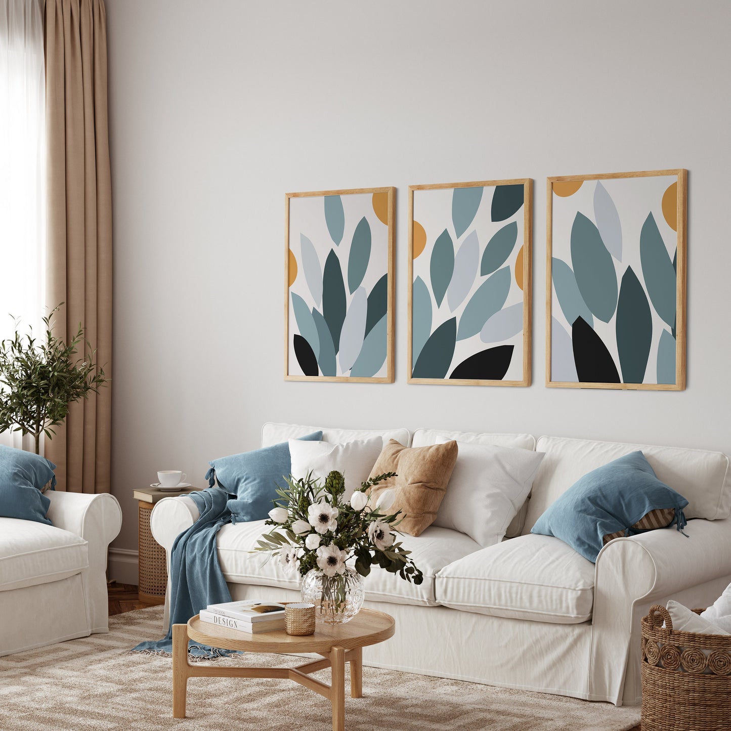 Set of 3 Teal & Mustard Abstract Leaf Prints