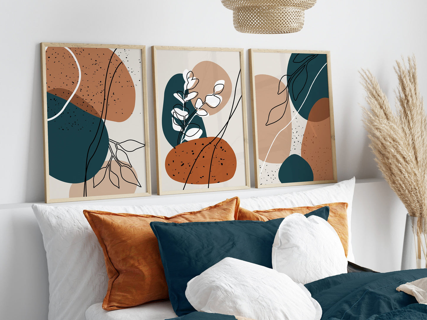 Set of 3 Burnt Orange & Blue Boho Abstract Prints