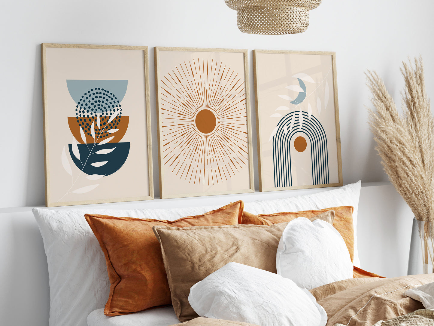 Set of 3 Blue & Orange Boho Wall Prints