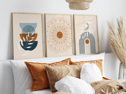 Set of 3 Blue & Orange Boho Wall Prints