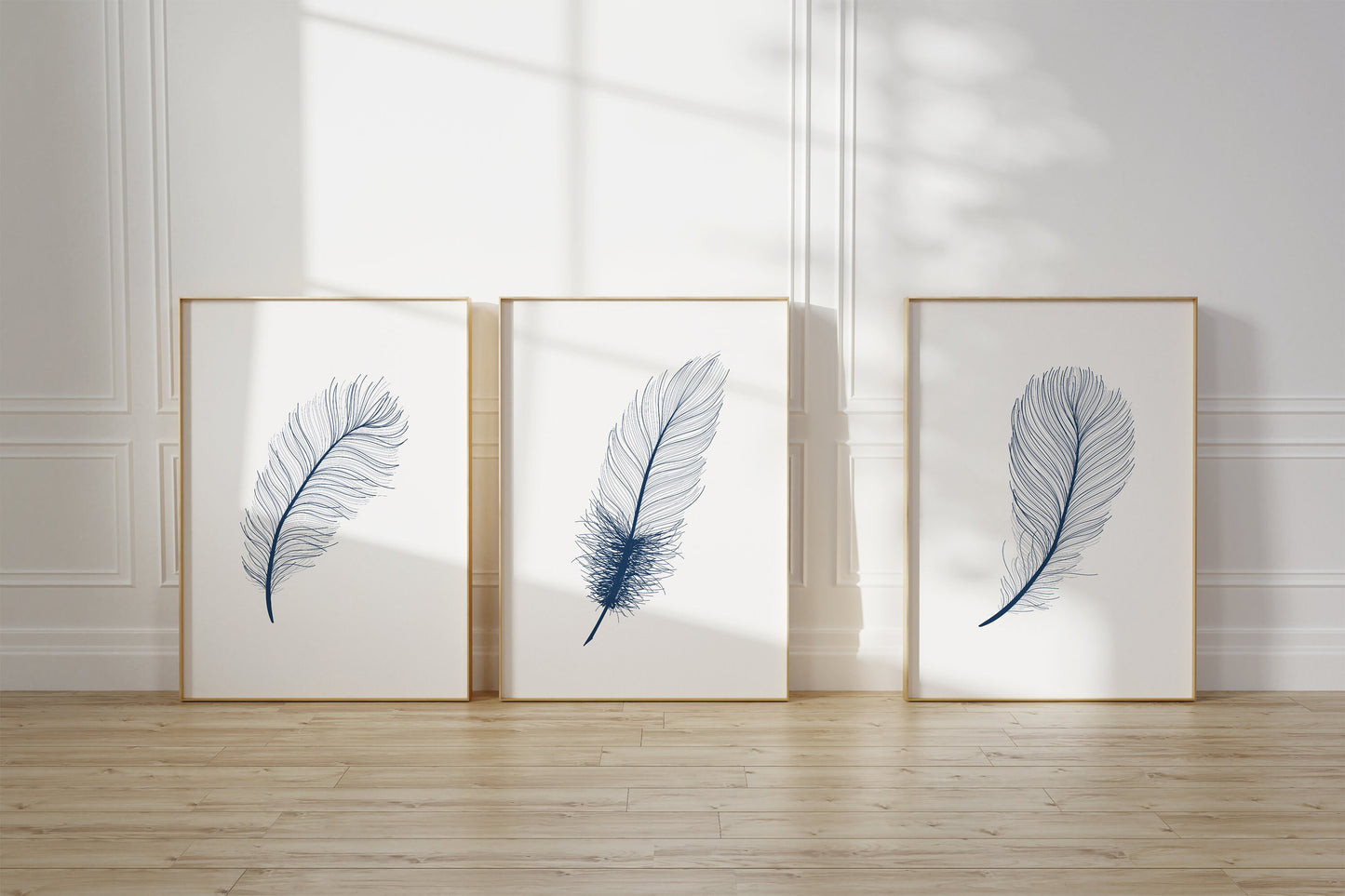 Set of 3 Blue Feather Wall Prints