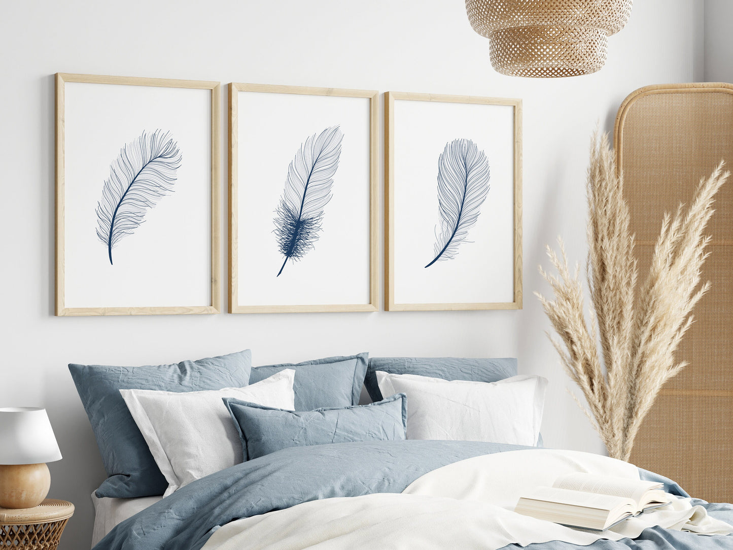 Set of 3 Blue Feather Wall Prints