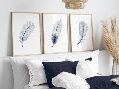 Set of 3 Blue Feather Wall Prints