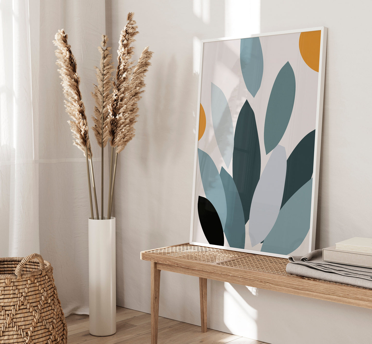 Set of 3 Teal & Mustard Abstract Leaf Prints