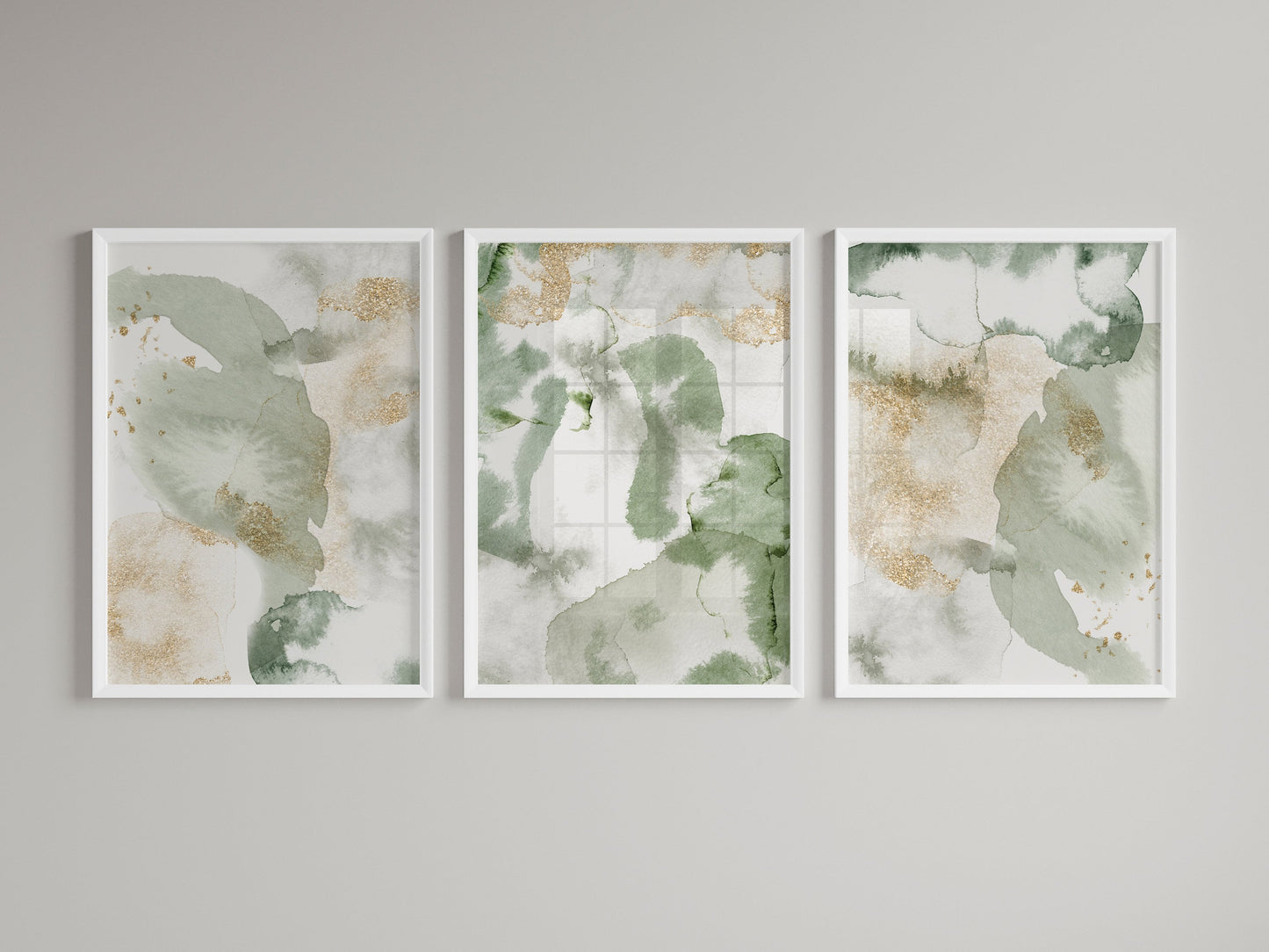 Set of 3 Sage Green & Gold Abstract Wall Art Prints