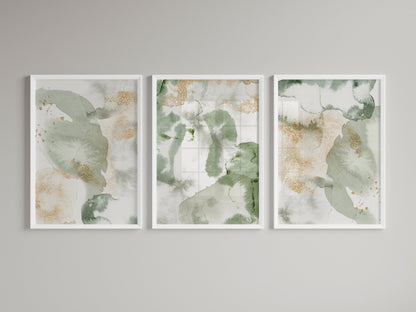 Set of 3 Sage Green & Gold Abstract Wall Art Prints
