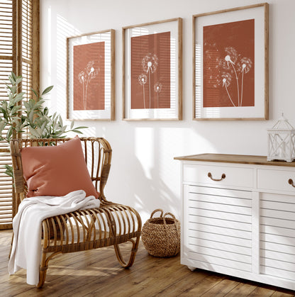 Set of 3 Terracotta Dandelion Wall Art Prints