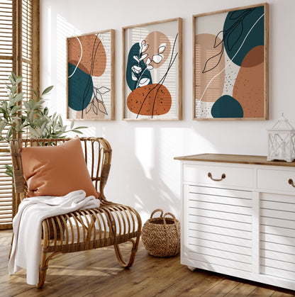 Set of 3 Burnt Orange & Blue Boho Abstract Prints