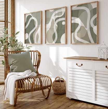 Set of 3 Sage Green Abstract Wall Art Prints