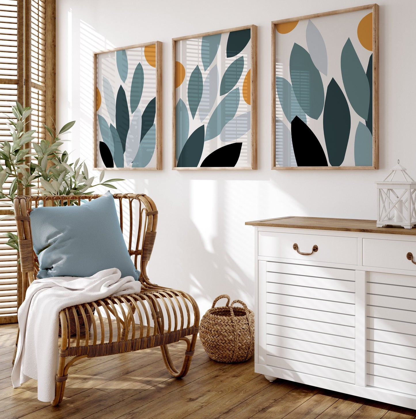 Set of 3 Teal & Mustard Abstract Leaf Prints