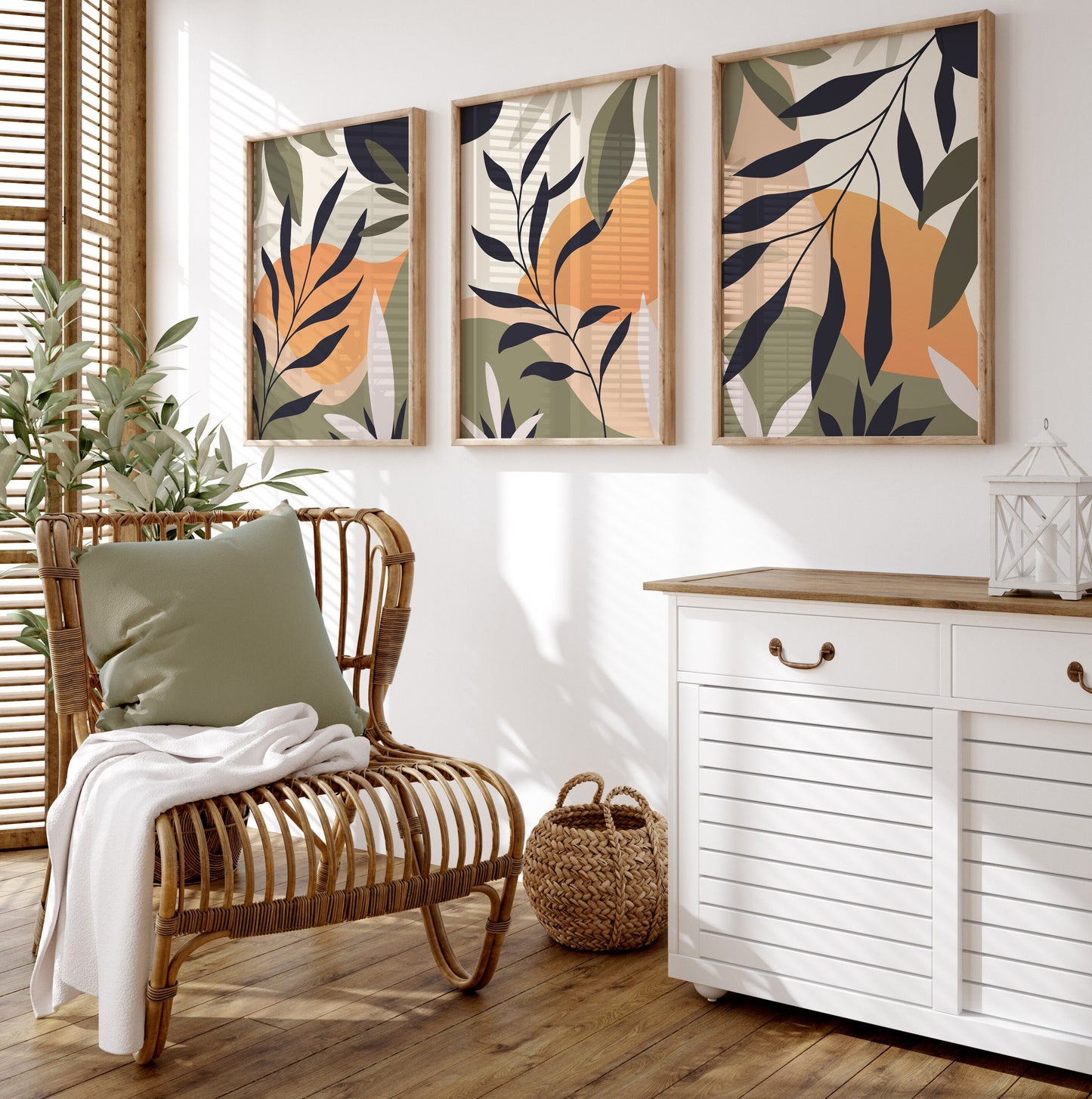 Set of 3 Green & Orange Botanical Wall Prints